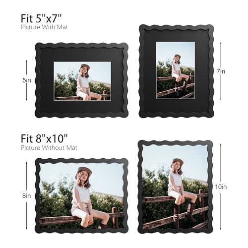 8x10 Picture Frame with Mat for 5x7, Wavy Edge Wooden Real Glass Photo Frame for Tabletop and Wall Hanging, Black, 1 Pack - color: Black, size: 8x10 in