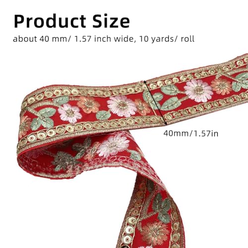 1.5 Inch Red Embroidered Woven Ribbon Trim Jacquard Ribbon 3D Flower Embroidery Tape Boho Floral Fabric Sewing Applique Ribbons for Sewing Making Craft Gift Diy Christmas Embellishment Decor - color: Red