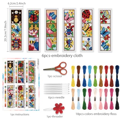BEUNITONE 6 Pcs Insects Cross Stitch Bookmark Kits for Beginners Bookmark with Butterflies Dragonflies Pattern Counted Cross Stitch DIY Stamped Embroidery with Instructions for Book Lover 8''x2.4'' - style: Triple Grid Mixed