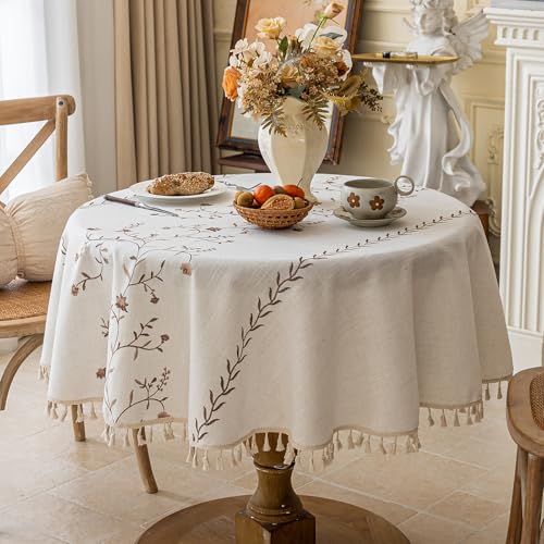 Joyfol Day Linen Waterproof Round Tablecloth with Tassels, Rustic Farmhouse Flowers Embroidery Table Cloths for Round Tables, Heavy Weight Spill-Proof Table Covers, Coffee Florals, 55 inch - color: Coffee Florals, size: 55" (Round)