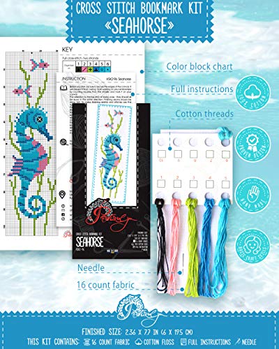 Povitrulya Seahorse Cross Stitch Bookmark Kit - Embroidery Set for DIY Book Marker - color: Seahorse