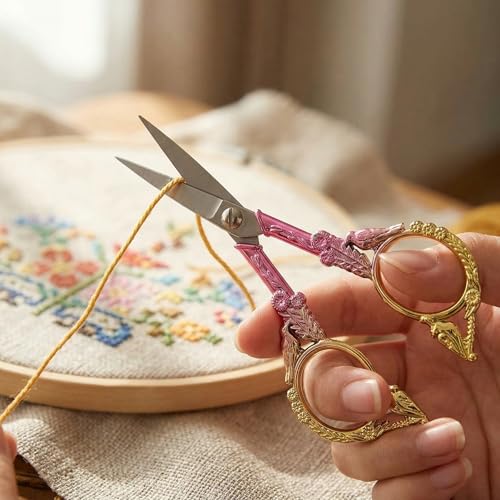 Crochet Scissors with Cover – Pink Gold Vintage Small Embroidery Scissors, Sharp Craft Scissors for Yarn Thread Sewing Needlework, Cute Bird Design Gift for Crocheter Quilter, 4.6 Inch - color: Pink Gold