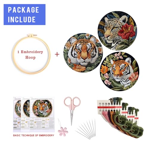 LB Red Floral Embroidery Kit for Beginners Adults,Tiger Stamped Patterns - color: Yellow Green