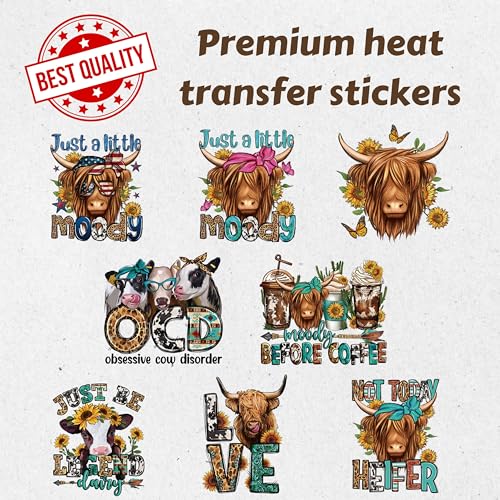8 Pcs Highland Cow Heat Transfer Patches, Vinyl Designs Iron on Transfers for T-Shirts, Western DTF Heat Transfer Stickers for Clothes, Iron on Decals for DIY Clothing, Hats and Pillows - style: Highland Cow