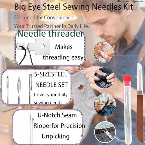 39Pcs Sewing kit for Adults：Stainless Steel Big Eye Needles
