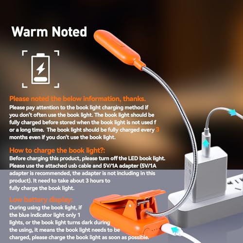 VAVOFO Rechargeable Book Light, Blue Light Blocking, Amber 1600K Clip On Reading Light, Eye Care 7 LEDs Kids Book Light for Reading in Bed with Power Indicator for Bookworms (Neon Orange) - size: 1-Pack Neon Orange