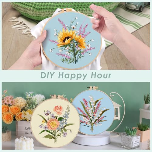 ERKOON Embroidery Kit for Beginners, 5 Sets Flower Cross Stitch Set for Adults Include Embroidery Cloth Hoops Threads for Craft Lover Hand Stitch with Skill Techniques (Bouquet) - color: Bouquet
