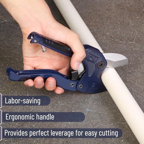 Bates- PVC Pipe Cutter, Cuts up to 1-5/8", Ratchet Pipe Cutter, PEX Cutting Tool for Cutting PEX, PVC, PPR Plastic Hoses and Plumbing Pipes, Navy Blue - color: Navy Blue