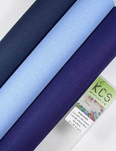 KCS 3 pc of 15" x 18" Counted Cross Stitch Cotton Aida Cloth Needlework Rolled Fabric Box,14CT,Light Blue+Royal Blue+Navy Blue - color: Light Blue+royal Blue+navy Blue, size: 14CT