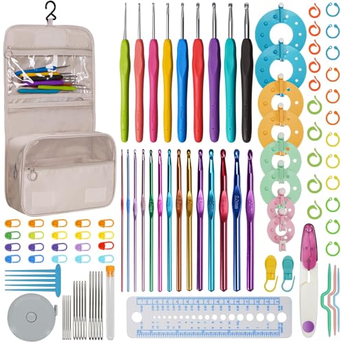 RealPlus 108PCS Crochet Kit for Beginners, 14 Sizes Crochet Hooks, Crochet Hook Set with Ergonomic Soft Handle, Gift for Women, Crochet Tool with Storage Bag - color: White