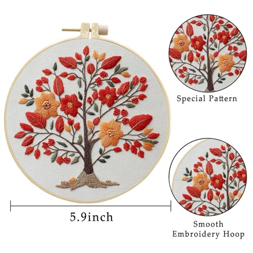 LB 4-Pack Halloween Ghost Embroidery Kit for Beginners: Orange Fall Tree Cross Stitch Kit | Adults DIY Starter Kit Includes Embroidery Hoop, Colorful Threads, Tools and Instructions - color: Orange Red