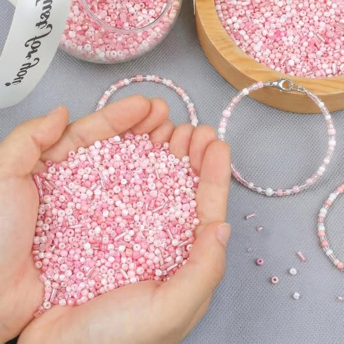 Pink Seed Beads for Jewelry Making Glass Bugle Beads for DIY Craft - color: Pink
