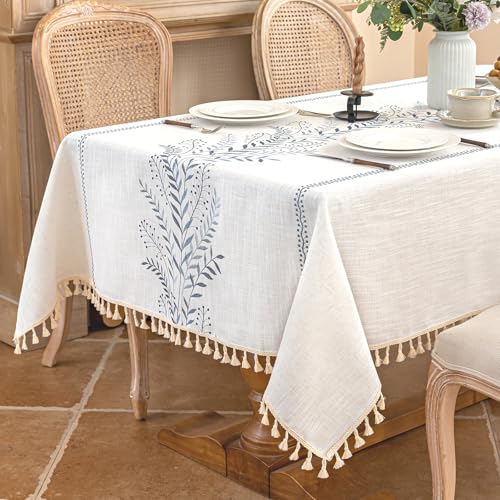 Alsoo Tablecloth Rectangle 55" x120", Farmhouse Linen Style Table Cloth with Blue Fern Embroidery and Tassels, Heavy Weight Wrinkle & Spill Resistant Table Cover for Dining Kitchen - color: Dusty Blue Ferns, size: 120" x 55" (Rectangular)