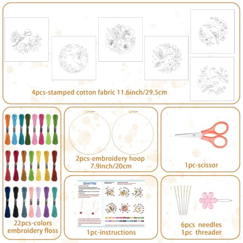 BEUNITONE 6 Set Embroidery Kit for Beginner Adults, Hummingbird & Flower Cross Stitch Set with Stamped Pattern Hoops Threads Cloth Needles, Embroidery Starter Kit for Home Decoration and Gifting - style: Flower Bird