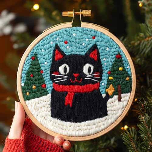 DIY Punch Needle Kits Black Cat with Christmas with Hoop 20x20cm-1 - color: 05-Black Cat