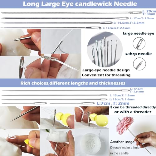 31PCS Wick Kits for Candle Making Wicks Inserting Nursing with Storage Bag Large Hole Needles for Silicone Candle Mold Hook Eye Punch Needle,7in Wicks Trimmer & Dipper,Wick Roll 200 Ft ect - color: 31PCS