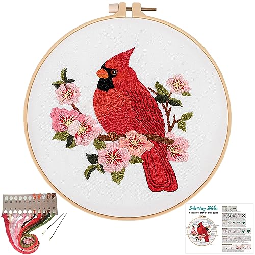 Louise Maelys Cardinal Embroidery Kits for Beginners with Flower Pattern - color: kit-23