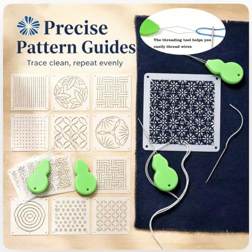 61 Pcs Sashiko Thread Kit with Plastic Sashiko Stencil, Embroidery Kit Fits for Sashiko Stitching, Hand Quilting Mending Supplies, Japanese Sewing Patterns for Beginners Visible Mending Kit Set