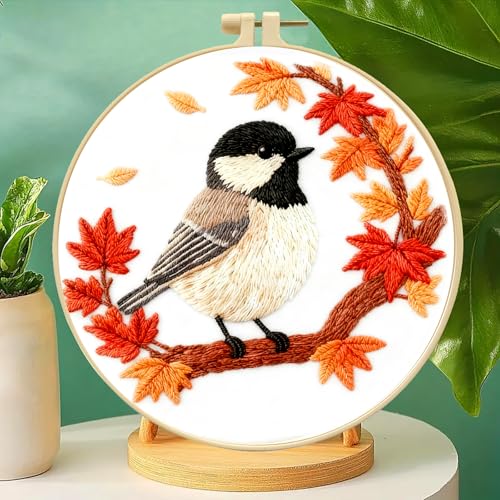 Zhenqing Black-Capped Chickadee Embroidery Kit for Beginners, Autumn Bird Needlework Craft with Pre-Printed Cotton Fabric, Hoop, Threads & Tools, Fall Decor (C0212) - color: Black-Capped Chickadee