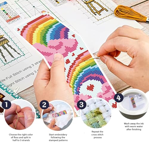 FREEBLOSS 6 Set Cross Stitch Bookmark Kit 11 CT Stamped Cross Stitch Kit DIY Embroidery Bookmark Kits for Adult Beginners with Instructions, Rainbow Pattern, 6 x 20 cm/8" x 2.4" - style: Rainbow Cloud