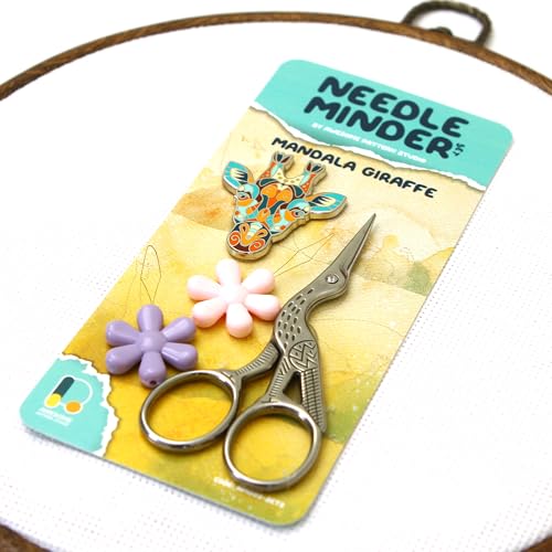 Awesome Pattern Studio Needle Minder Set - Mandala Giraffe Magnetic Needle Minder + 2 Needle Threaders + Crane Scissors. Enamel Pin for Cross Stitch, Embroidery and Craft - size: Giraffe Set #2