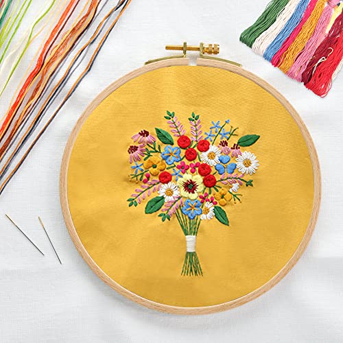 MAMUNU Canvas Tote Bag Embroidery Kit with Pattern for Beginners, Arts and DIY Crafts Kits for Adults, Include Instructions Embroidery Bag, Embroidery Hoops, Color Threads and Tool (Yellow) - color: Yellow
