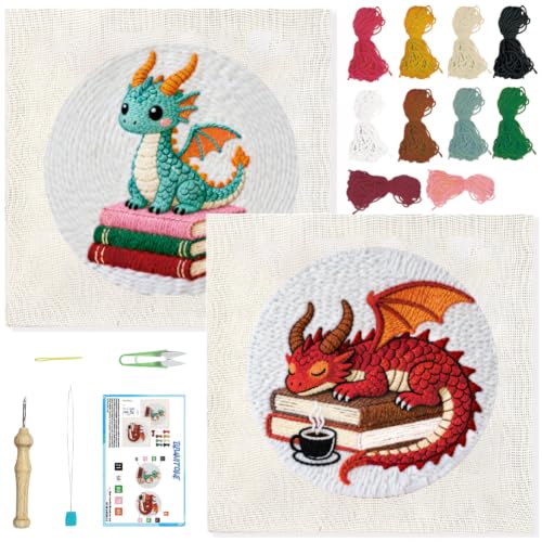 BEUNITONE 2PCS Punch Needle Kits with Dragon Book Pre-print Pattern Easy for Beginners, DIY Craft Embroidery Needlepoint Kits for Adults with Hoop Punch Needle Set for Craft Lovers Home Decor 7.9x7.9" - color: 10-Dragon Book