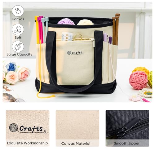 MYBAGZING Yarn Bags for Crocheting,Canvas Crochet & Knitting Tote Organizer - color: Nature-Black, size: Medium-12.5“