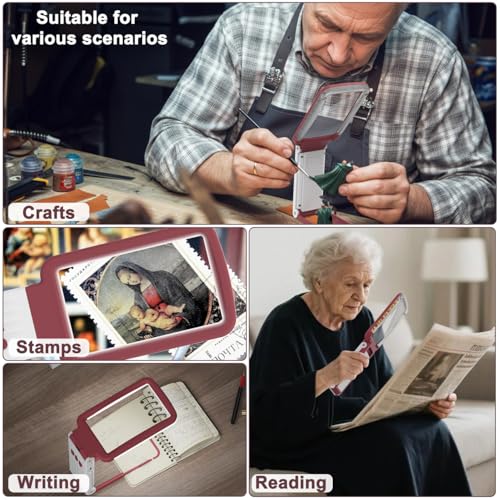 15X Magnifying Glass with Light and Stand, Real Glass Lens, Rechargeable Foldable Handheld Magnifier, 3 Color Modes Dimmable Lighted Page Magnifier for Reading Fine Prints, Seniors - Red White - color: Red White