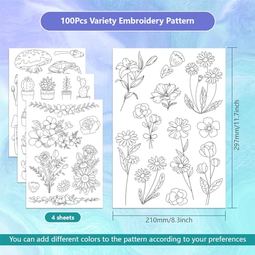 ORIGACH 4 Sheets Large Water Soluble Embroidery Patterns Stabilizers - Pre-Printed Floral, Plants, Mushroom & Bonsai Designs - Stick & Stitch Embroidery Paper for Hand Sewing Lovers - color: Floral Plants Mushroom & Bonsai