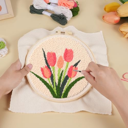 KESTAR Punch Needle Embroidery Starter Kits, Pink Tulip Flower Punch Needle Kits for Adults Beginner, Needle Punch Kit Tool with Instruction Threader Fabric Yarns and Hoop - color: Pink Tulip