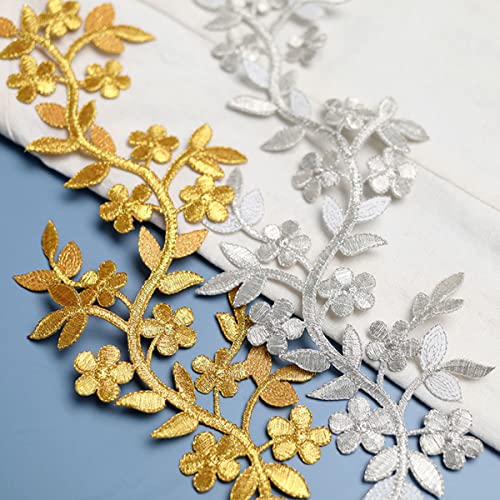 4 Pieces 10x5inch Long Patch Flower Vine with Leaf Iron on Patch Embroided Applique for Garment Curtain Pillow Blanket Trimming Shoes Jeans Clothing Embelishments (White) - color: White