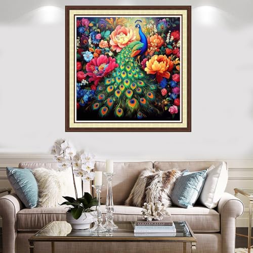 Findvoor Counted Cross Stitch Kits for Adults Full Range of Cross Stitching Embroidery Unprinted Pattern for Beginners, 11CT Needlepoint Kit Patterns Embroidery Kits-Colorful Peacock Flower 18x18 inch - color: ColorCraft14