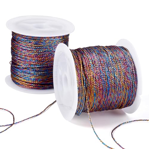 Beadthoven 2 Rolls Metallic Cord Twine, Colorful Thread String for Bracelet Making Rainbow Jewelry Braided Thread Rope 9-Ply Embroidery Thread Floss for Gift Wrapping Home Décor Upholstery Curtain - color: Deep Metallic Color-colorful