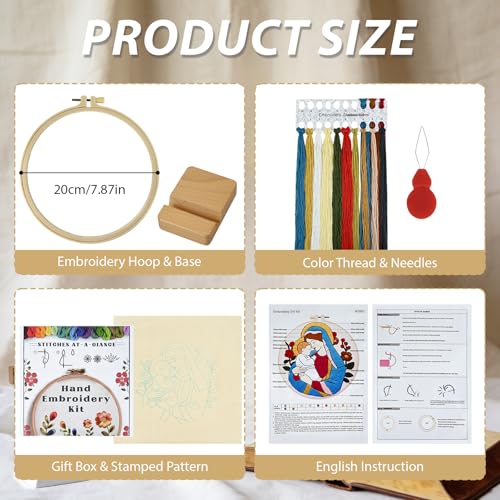 Christian Embroidery Kit for Beginners Adults, Virgin Mary Easy Cross Stitch Kit Jesus and The Holy Mother Mary Pattern Embroidery Starter Kits with Wooden Hoop Needles Threads and Instruction - color: Virgin Mary