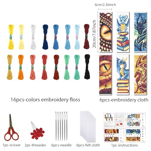 FREEBLOSS 6 Set Cross Stitch Bookmark Kit for Beginner Adults Dragon Stamped Embroidery Bookmark Kits Cross Stitch Kits with Instruction Bookmarks Making Kit for Book Lovers 8x2.4in/20x6cm - style: Loong