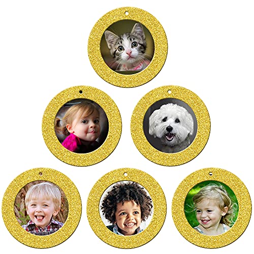 The Original Mini Glitter Photo Christmas Ornaments, Magnetic Easy-Load Picture Frame Ornament, Includes Photo Protectors Plus Hooks for Hanging, Round, Gold 6-Pack - color: Bright Yellow Gold