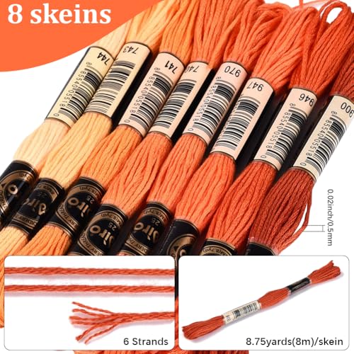 70 Yards 8 Skeins Gradient 6 Strands Orange Red Variegated Cross Stitch Thread Embroidery Floss Polyester Friendship Bracelet String Threads Set for Hand Sewing Making Needlecraft Supply - color: Orange Red, size: 70 Yards
