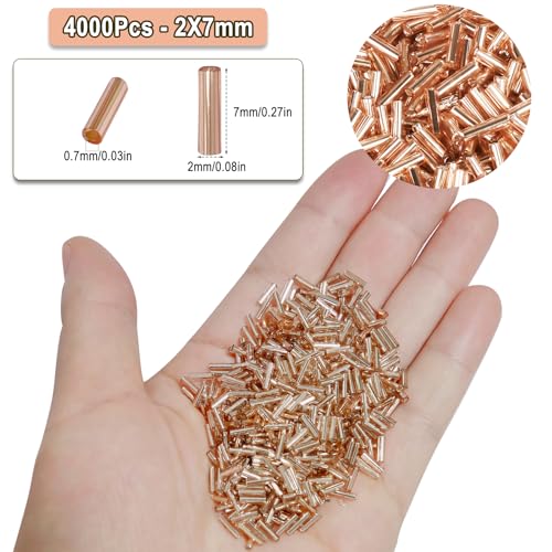 4000pcs Champagne Bugle Beads Bulk -Embroidery Beads,Long Tube Bead for Jewelry Making, Bracelet Necklaces Supplies,Craft DIY(7x2mm) - color: Champagne