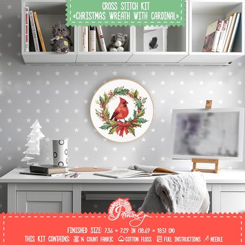 Christmas Wreath with Cardinal Bird - DIY Counted Cross Stitch Kit