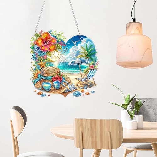 ARPADAMO Hanging Diamonds Art kit for Adult,DIY Summer Beach Pendant Diamonds Painting Art Kit, 7.2x7 inch Acrylic Diamonds Painting Board Kit Ornament, Special Crystal Diamond Hanging Ornament - color: DP00886