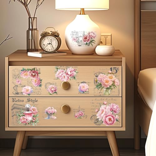 3 Sheets Peony Vintage Script Rub on Transfers for Crafts, 12×6in - style: Pink Peonies