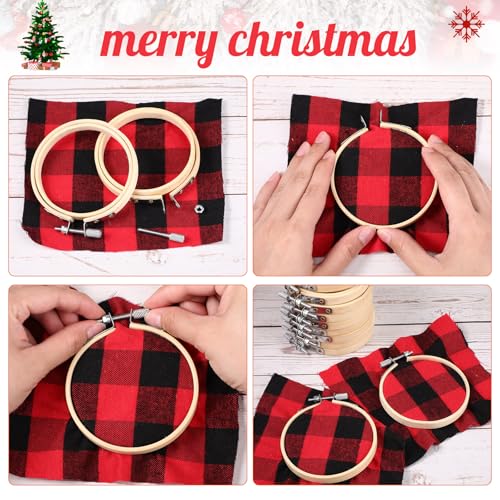 Hoteam 144 Pcs Christmas Embroidery Hoop Set Red Black Plaid Linen Fabric - color: Red and Black Plaid