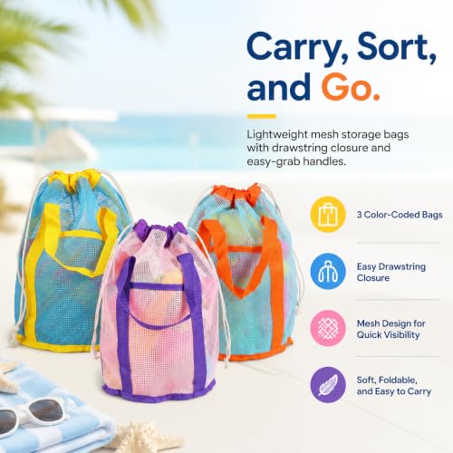 3PCS Mesh Beach Bag, Foldable Toy Storage Bag - size: 3P-SEABAG