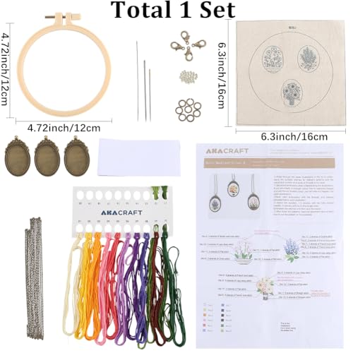 SUNNYCLUE DIY 3 Sets Embroidery Necklace Kits Embroidery Pendant with Paper Instructions Embroidery Cloth Thread Needle Cross Stitch Hoop Flower Mini Cross Stitch Kit for Beginners Starter Adult Craft - style: Flower 3
