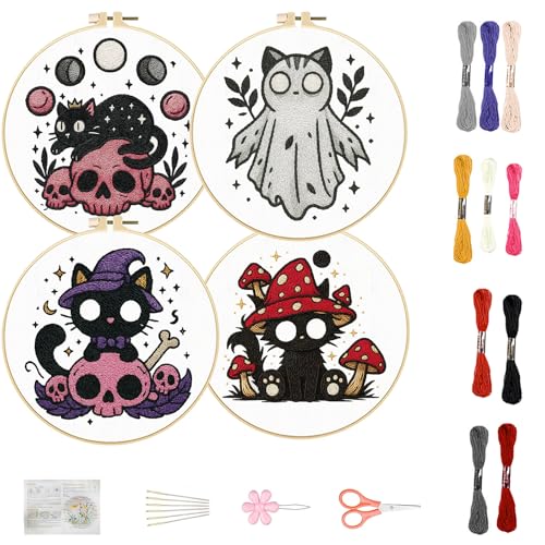 FREEBLOSS 4 Sets 11.6" Embroidery Kit for Beginners Needlepoint Embroidery Starter Kit with Halloween Stamped Patterns, Instructions, Colored Threads, 2 Hoops - style: Halloween