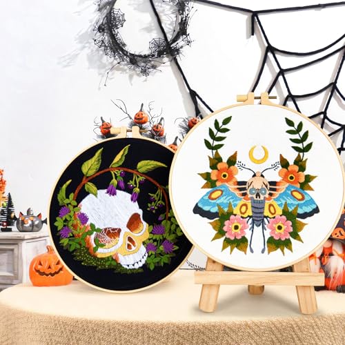 Gothic Skull Embroidery Starter Kits for Beginners Adults, Halloween Stamped Cross Stitch Kit for Beginners Adults, Flowers Hand Embroidery Needlepoint Kit, 2 Embroidery Hoop (Attached Video Tutorial) - color: Skull, size: 8inch
