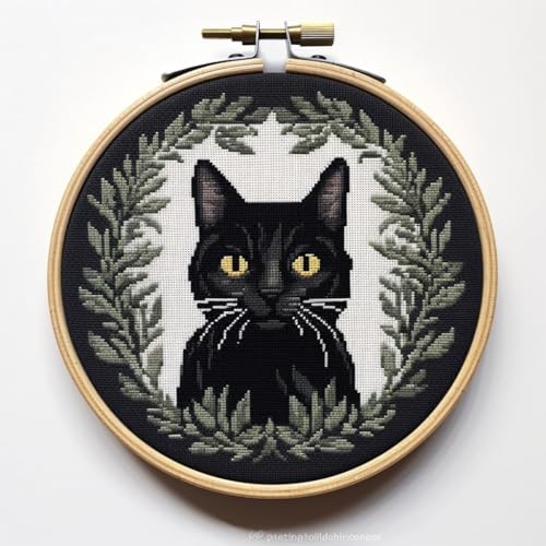 Generic Black Cat DIY Stamped Cross Stitch Kit for Beginners Easy with Hoop 11CT Needlepoint Embroidery Counted Cross Stitch Art Craft Wall Decoration 32x32cm (Unisex Adult)