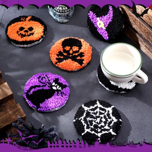 Yaomiao 6 Pcs Halloween Punch Needle Coaster Kit, Easy DIY for Beginners - style: Halloween