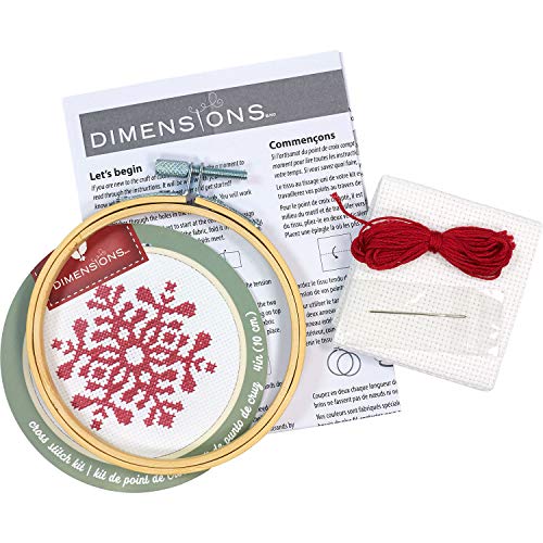 Dimensions Kit, Red Snowflake Christmas Cross Stitch, White 14 Count Aida, 4'' Embroidery Hoop - color: White 14 Count Aida,